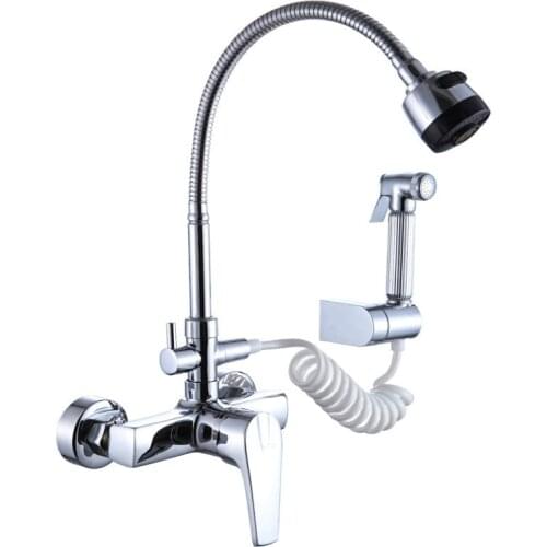 Multi-function wall-mounted hot and cold kitchen faucet with hand spray