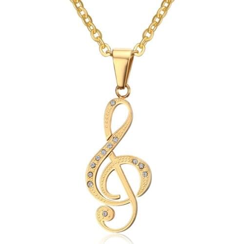 Fashion Rhinestone Stone Musical Notation Pendant Necklaces For Couples Stainless Steel Men Music Necklace Jewelry NE155G