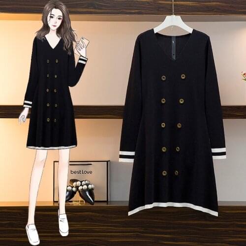 L-4XL Fashion Dress Bouble-Breasted Temperament Mid-Length V-Neck Long-Sleeved Red Navy Blue Elegant Blouse Comfortable