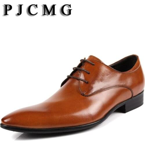 PJCMG Hot Sale Fashion High Quality Genuine Leather Men Oxfords, Lace-Up Business Oxford Breathable Dress Wedding Men Shoes
