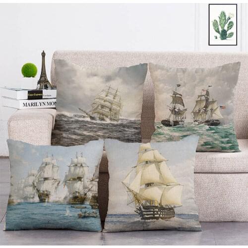 New Ship Boat Vessel Print Cushion Set 45*45cm Cushion Cover Linen Throw Pillow Car Home Decoration Decorative Pillowcase T341