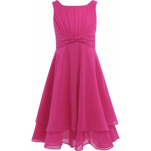New Girls Chiffon Dress Knotted Waist Ruched Flower Girl Dress Princess Pageant Wedding Bridesmaid Birthday Party Dress SZ 4-14
