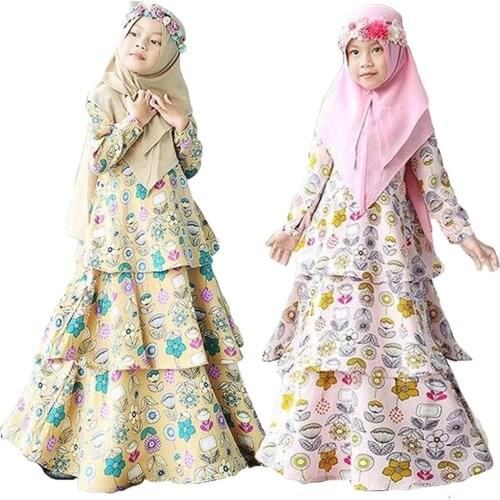Muslim Girls Long Sleeve Flower Print Dress Kids Prayer Hijab Abaya Islamic Robe Gown Kaftan 2PCS Sets O-neck Ramadan Dresses