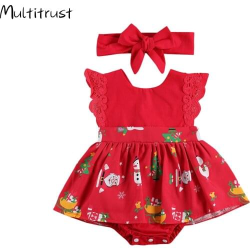 Christmas Baby Clothes Infant Baby Girls Bodysuits Dress Lace Ruffles Short Sleeve Cartoon Print Jumpsuits Headband 0-24M