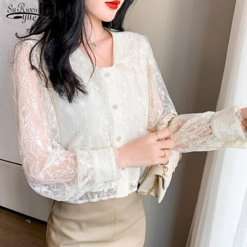 New Spring Mesh Hollow Out Blouse Fashion V-neck Collar Tops Embroidered Lace Blouse French Style Sweet Shirt Women Blusas 13212