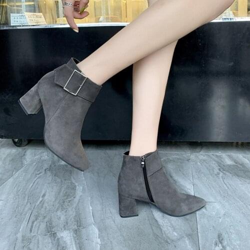 2019 New Female Ankle Boots Zipper Mid Square Heels Platform For Ladies Buckle Womens Shoes Solid JXX81