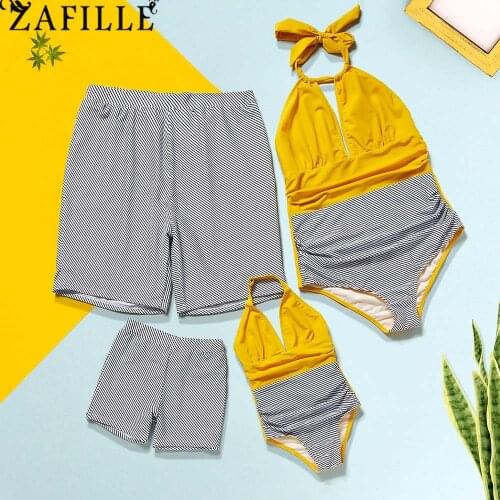 ZAFILLE Womens swimming suit Yellow Patchwork Halter Push Up Bikini Set Girl Swimwear Family Look Striped Men Boy Beach Shorts