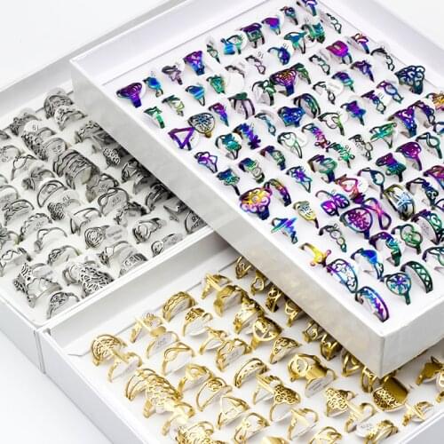 Wholesale 25pcs Mix Women Fashion Laser Cut Stainless Steel Rings Jewelry Finger Ring Party Gifts Silver/Black/Gold/Multicolor