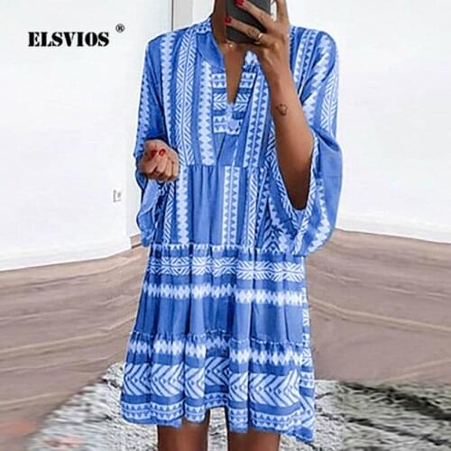 ELSVIOS 5XL Women Autumn Casual Loose Dress Sexy V Neck Summer Mini Dress Elegant Boho Print Long Sleeve Dress Sundress vestidos