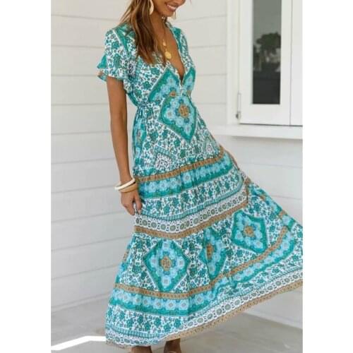 Happie Queens women green Floral print beach Bohemian rayon maxi dresses Ladies V neck botton Boho pleated dress vestidos