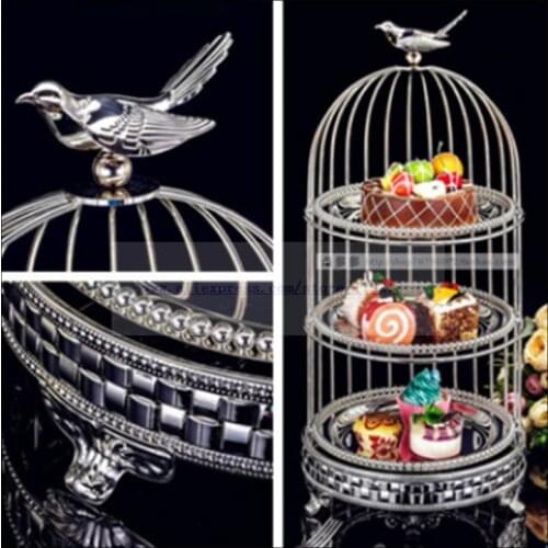 1PCS New small three-layer silver plated bird cage snack stand multi-layer metal cake stand creative dessert rack