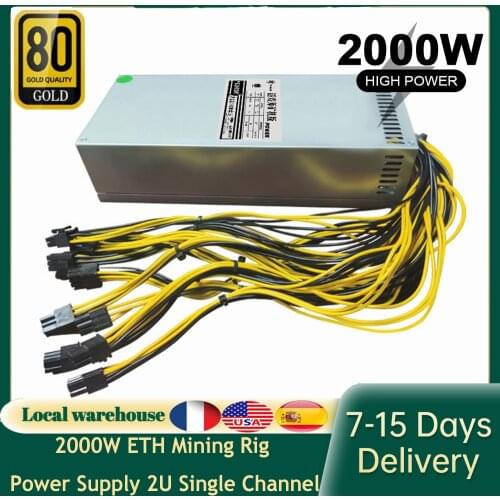 2000W ETH Mining Power Supply 1U Single Channel Miner GPU PSU with 10x PCI 6Pin and Dual Fans for Multi-GPU BTC Mining Device