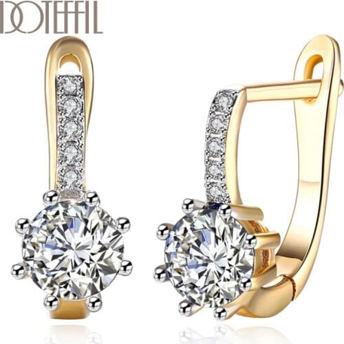 DOTEFFIL 925 Sterling Silver Round AAA Zircon White/Blue 18K Gold Earrings For Women Jewelry Fashion Wedding Party Gift