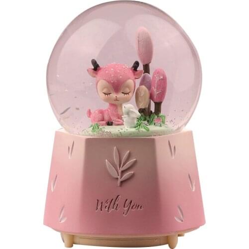 Fawn Music Box Night Light Crystal Ball Snow Cartoon Cute Home Decoration Bedside Lamp Bedroom Girl Birthday Present Gift Lamps