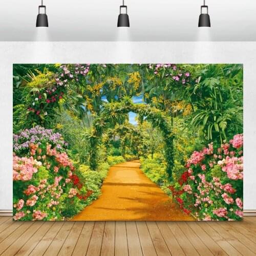 Laeacco Natural Backdrops Green Grass Spring Blossom Flower Arch Door Vine Pathway Photography Background Photocall Photo Studio