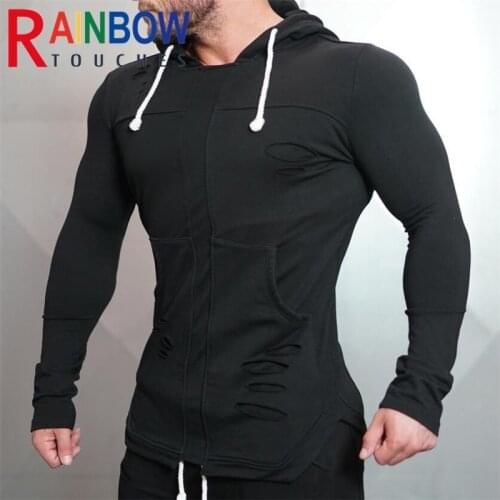 Rainbowtouches Sport Muscle Men Four Seasons Sweatshirts Hole Embroidery Side Pocket Outdoor Training Casual Slim Hoodies