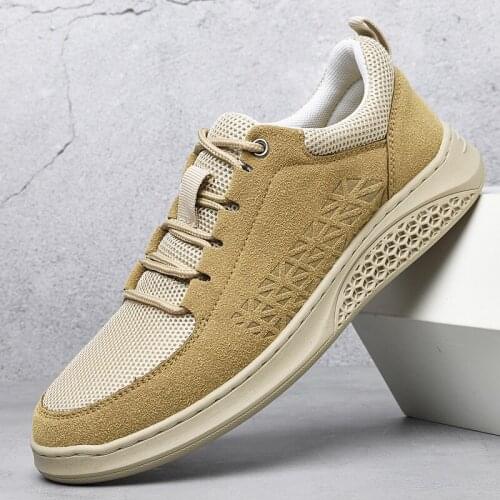 Leather Sneakers Men Lace-up Breathable Mesh Casual Flats Shoes Non-slip Outdoor Trekking Sports Shoes