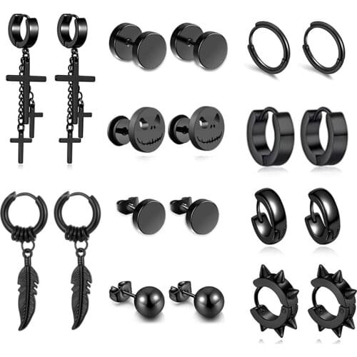 10 Pairs of Stainless Steel Ring Earrings Set Black Cross Chain Round Male And Female Earrings Perforated