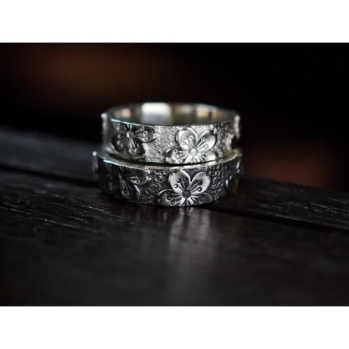 Cherry Blossoms Couple Rings Fashion Simple Silver Color Handmade Carving Sakura Ring Wedding Engagement Ring Bridal Jewelry