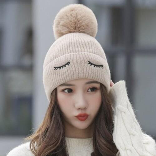 2020 New Brand Hats for Women Knitted Wool Beanie Black Eyes Embroidery Cap Warm And Thick Winter Hat Lovely Big POMPOMS Hats