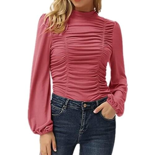 Women Blouse Long Sleeve Slim Fit Tops Breathable Solid Color Half High-neck Pleated Lantern Sleeve T-Shirt for Daily Wear