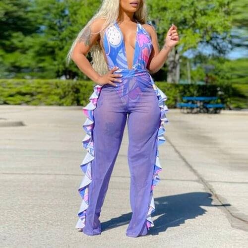 Women Pants Two Piece Sexy Deep V Neck Bodysuit & See-through Mesh Pants Set Summer Beach Suits