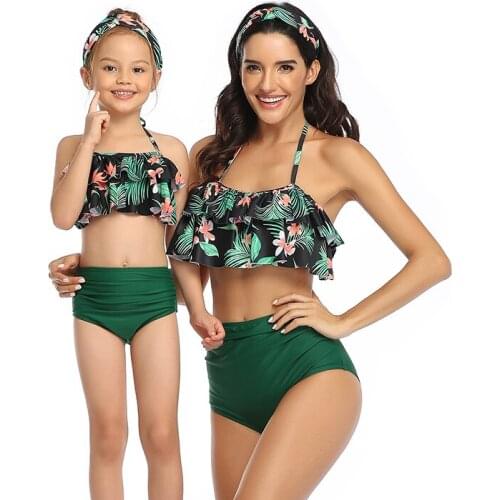 Mother and Daughter Swimwear Bikini Sexy Leaf Print Ruffled Bathing Suit Women High Waist Summer Beach Wear Swimsuit 2 Pieces