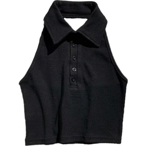 Women Halter Vest Solid Color Turn Down Collar Sleeveless Backless Buttons Slim Blouse T-shirt for Summer womens tanks and camis