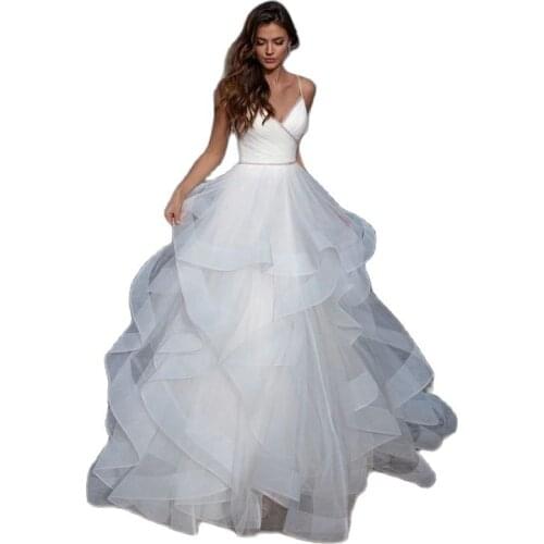 Beach Boho Wedding Dresses Tiered Backless Bride Dress Beaded Princess Wedding Party Gowns Plus Size Bridal Gown