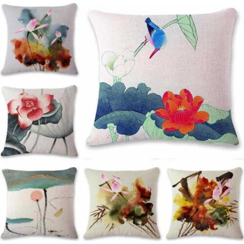 18" Chinese style Ink painting Lotus Home Decorative Throw Cotton Linen Pillow Case