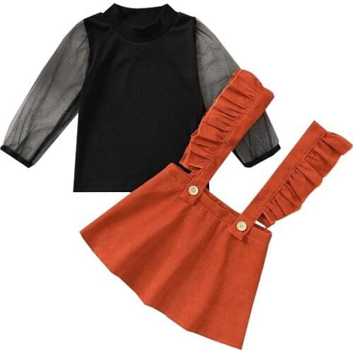 2PCS Set Kids Baby Girl Mesh Long Sleeve Pullover T-shirt Tops Suspender Corduroy Skirt Outfits Princess Girls Autumn Clothes