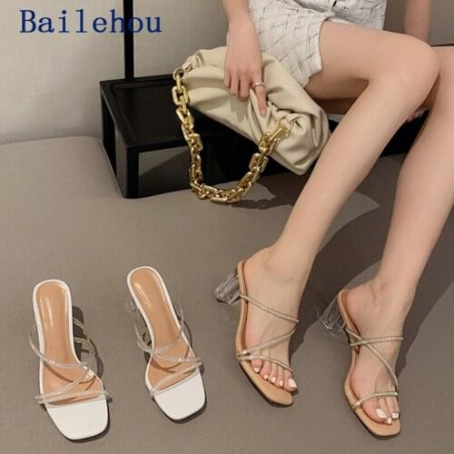 2021 Women Pumps Open Toe Sexy Sandals Ladies Thin Belt Rhinestones High Heels Female Outdoor Slippers Fashion Women Shoes