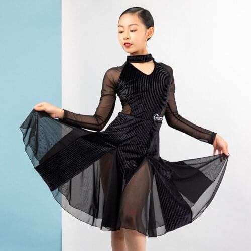 Velvet Latina Dance Dress For Girls Salsa Dance Outfit Black Dress Samba Costume Designer Clothes Ballroom Practice Wear JL2397