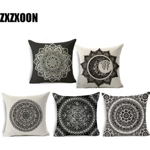 Decorative Throw Pillows Case Black Flower Mandala Geometric Polyester Sofa Cushion Cover for Car Home Decoration
