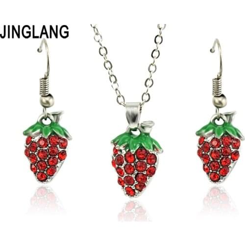 JINGLANG Women Trendy Earrings&Necklace Sets Strawberry With Female Jewelry Women Wedding Chain Fruit Jewelry Gift