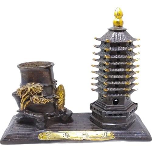 Chinese antique bronze gilt wenchang tower pen holder decoration