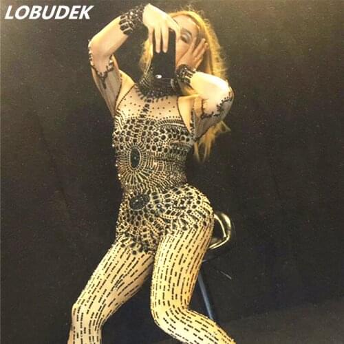 Black Crystals Female costumes sexy Jumpsuits stones Outfit performance DJ DS show Zentai Singer Dance Nightclub party costume