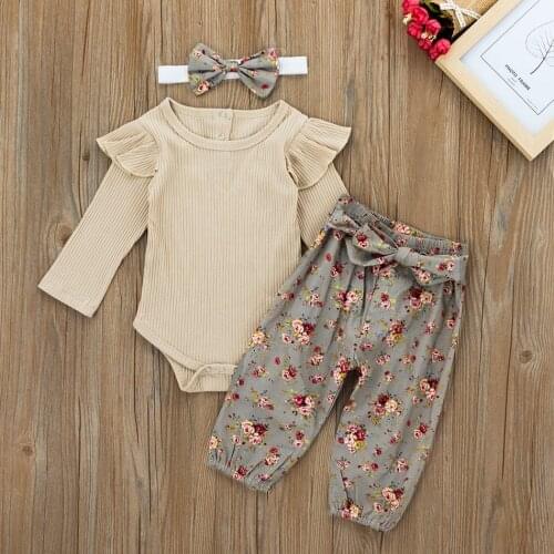 Newborn Baby Girl Clothes Toddler Girls Outfit Baby Girl Ruffle Romper + Floral Print Pants + Bow Headband
