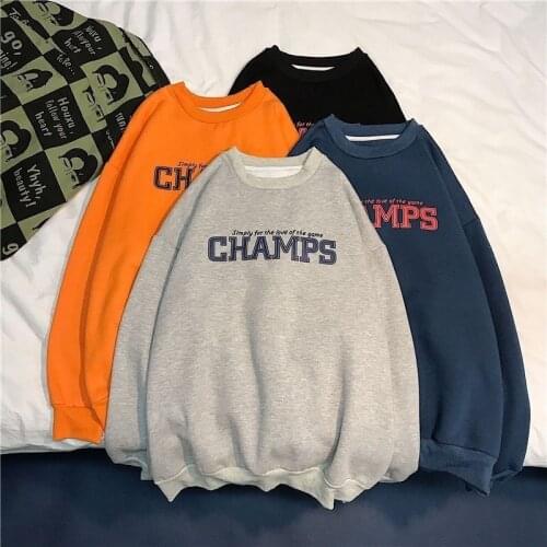 Korean-StyleSimple Alphabet plus Velvet Mens Printed round Neck Mens Long Sleeve Fashion Style Autumn and Winter