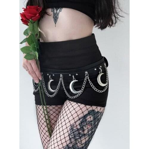 Hip Hop Metal Belt PU Leather Belt Gothic Streetwear Chain Moon Goth Belt Dance Streetwear Individual Women Belt with Chain