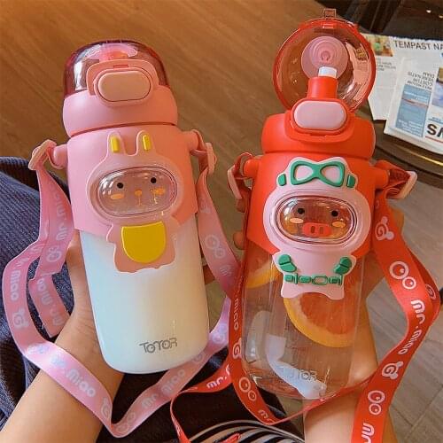 Kawaii Cartoons Dinosaur Kids Water Bottles Cute Milk Cups Portable Straw Bottle Heat-Resistant Plastic Water Bottle