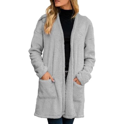2021 New Fashion Winter Women Coat Loose Plush Warm Hooded Jacket Casual Solid Color Long Sleeve Ladies Coats