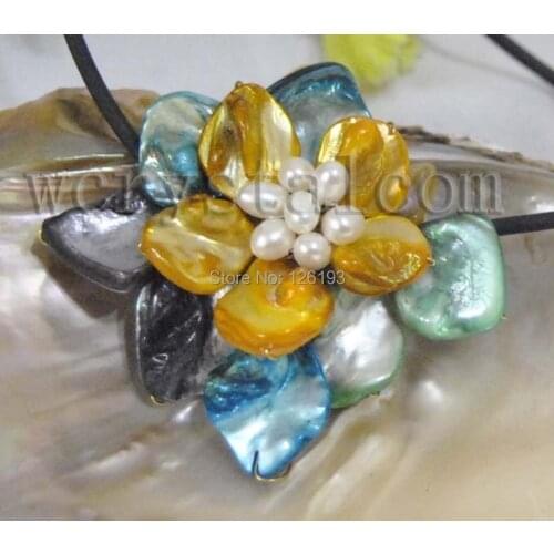 Charming Multi Colored Shell Flower White Cultured Pearl Necklace Leather