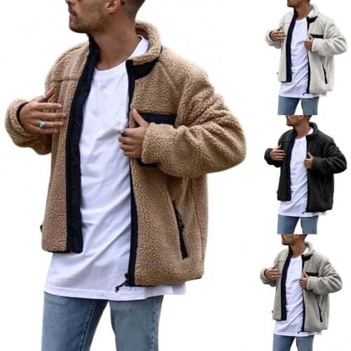 Autumn Winter Faux Fleece Jackets Men Long Sleeve Stand Collar Pockets Zipper Jacket Coat Mens Outerwear Sreeetwear veste homme