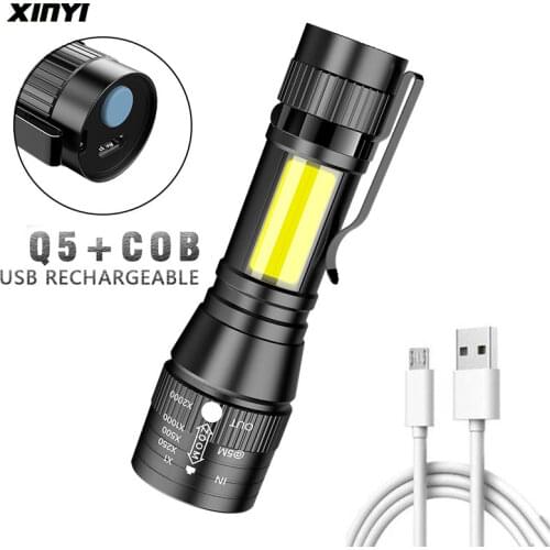 Portable USB Rechargeable LED Flashlight COB+Q5 Built-in batteryTactical Torch Flashlights 3Modes Work Light Emergency Lanterna