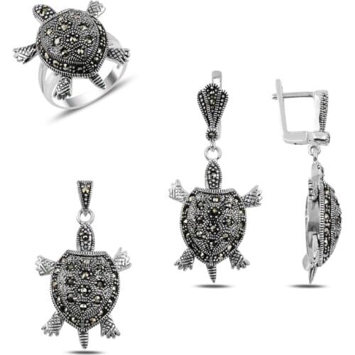 Silver 925 Sterling Marcasite Sterling Moving Sea Turtle Set