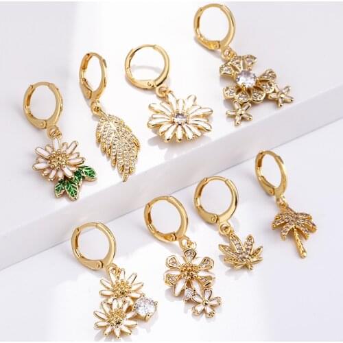 Plant Earrings for Women Gold Flowers Dangle Earrings Micro Pave Zircon CZ Copper Paired Earring Trendy Punk New Fashion 2021