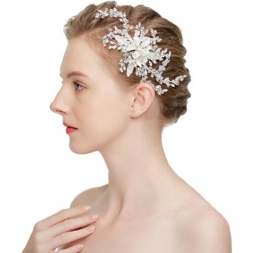 SLBRIDAL Handmade Austrian Crystal Rhinestone Pearls Flower Wedding Hair Clip Barrettes Bridal Headpiece Hair Accessories