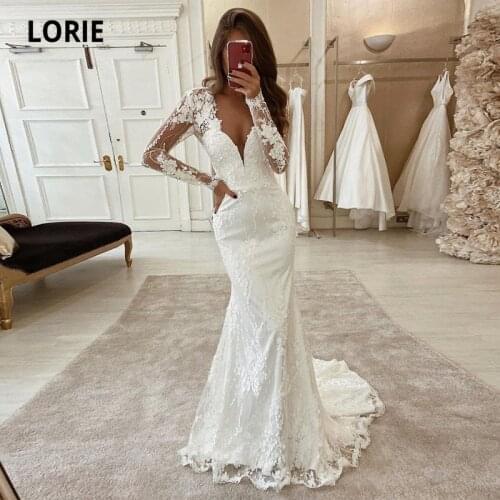 LORIE Vintage Wedding Dresses Boho V-Neck 3D Lace Long Sleeves Mermaid Wedding Gown Lace Bridal Dress 2021 vestidos de novia