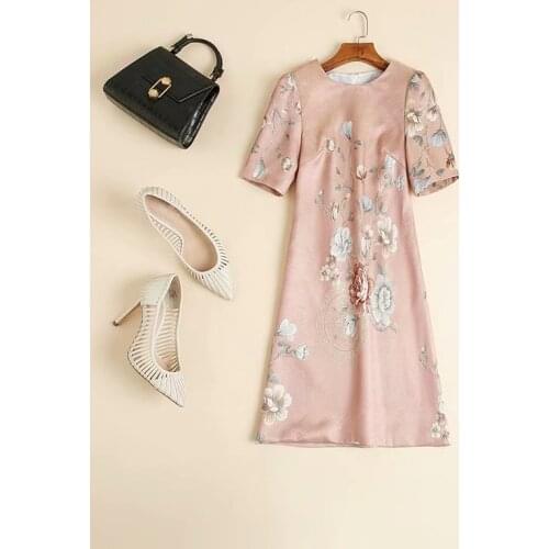 Womens European and American clothing 2021 summer new style 5 minutes of sleeve Flower jacquard print Fashionable pink dress